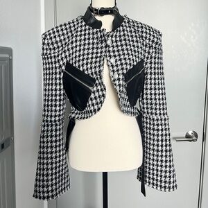 Houndstooth punk crop tweed silver buttons leather belt jacket